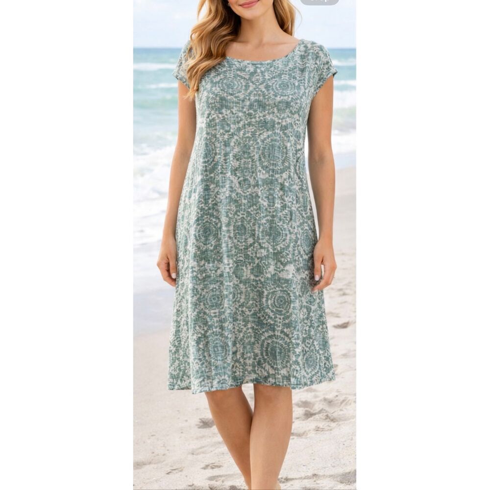 Lina Tomei 100% Linen Made In Italy Mosaic Printed Green Dress Size Large